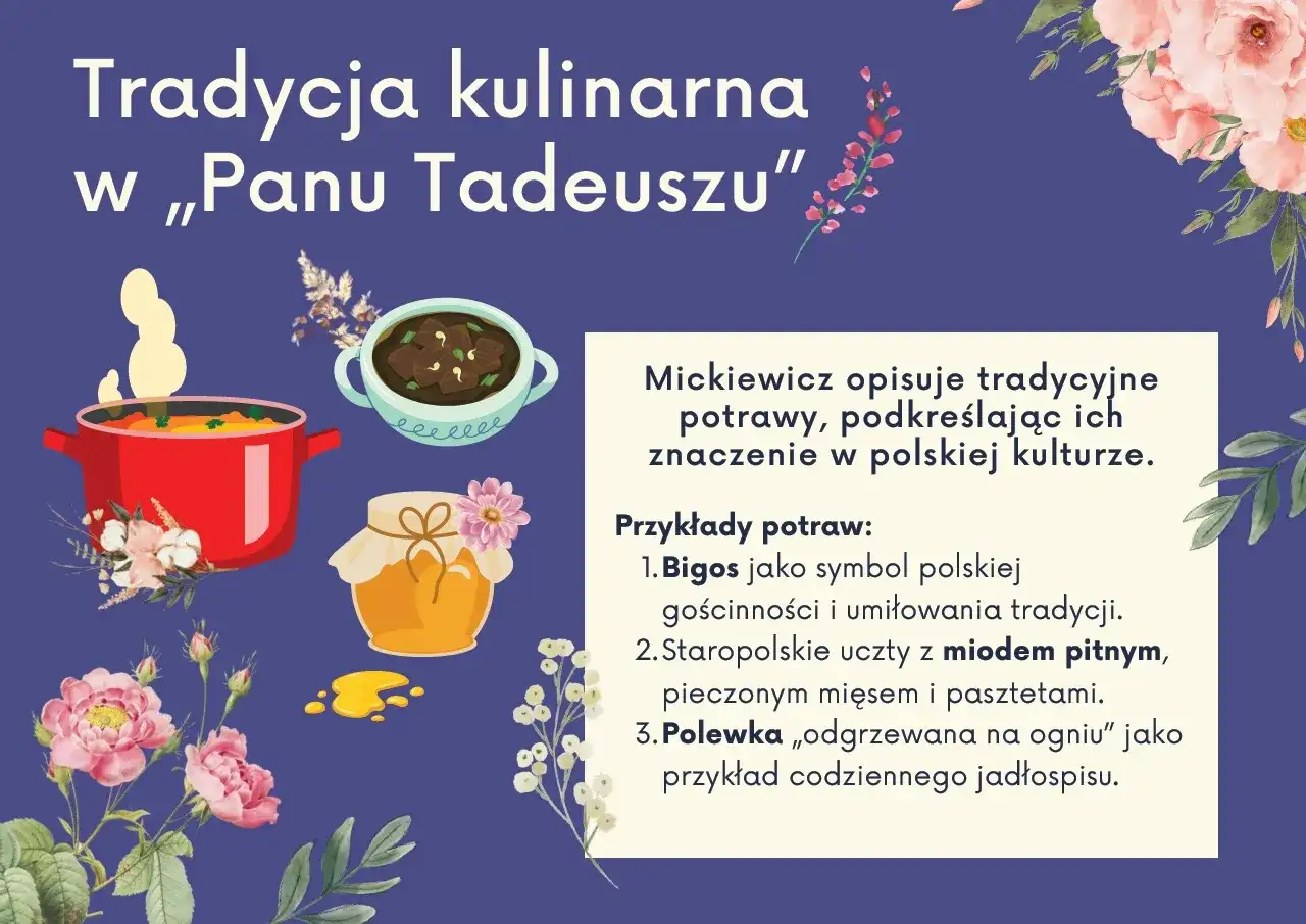 Ilustracja przedstawia garnek z gotującym się jedzeniem, miseczkę z potrawką i słoik miodu, otoczone kwiatami.