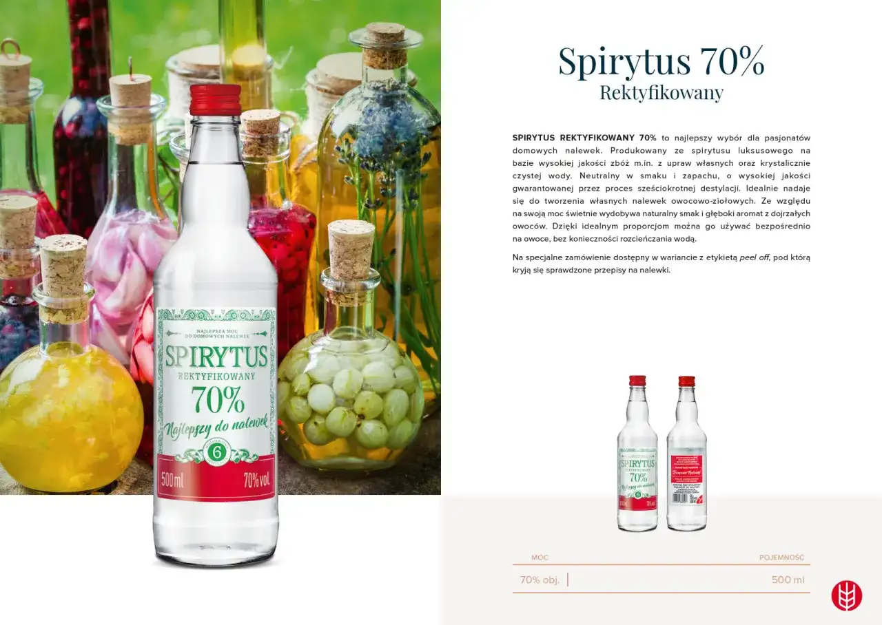 Butelka spirytusu kaliskiego 70% na tle innych butelek z nalewkami. Idealny do domowych nalewek.