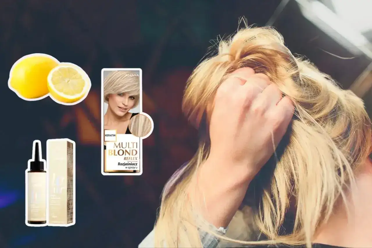 Kobieta z blond włosami, cytryny i rozjaśniacz do włosów.