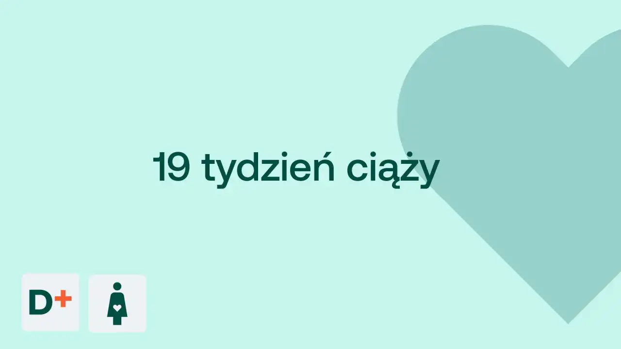 19 tydzień ciąży to już połowa piątego miesiąca. Na jasnym tle serce i ikony.