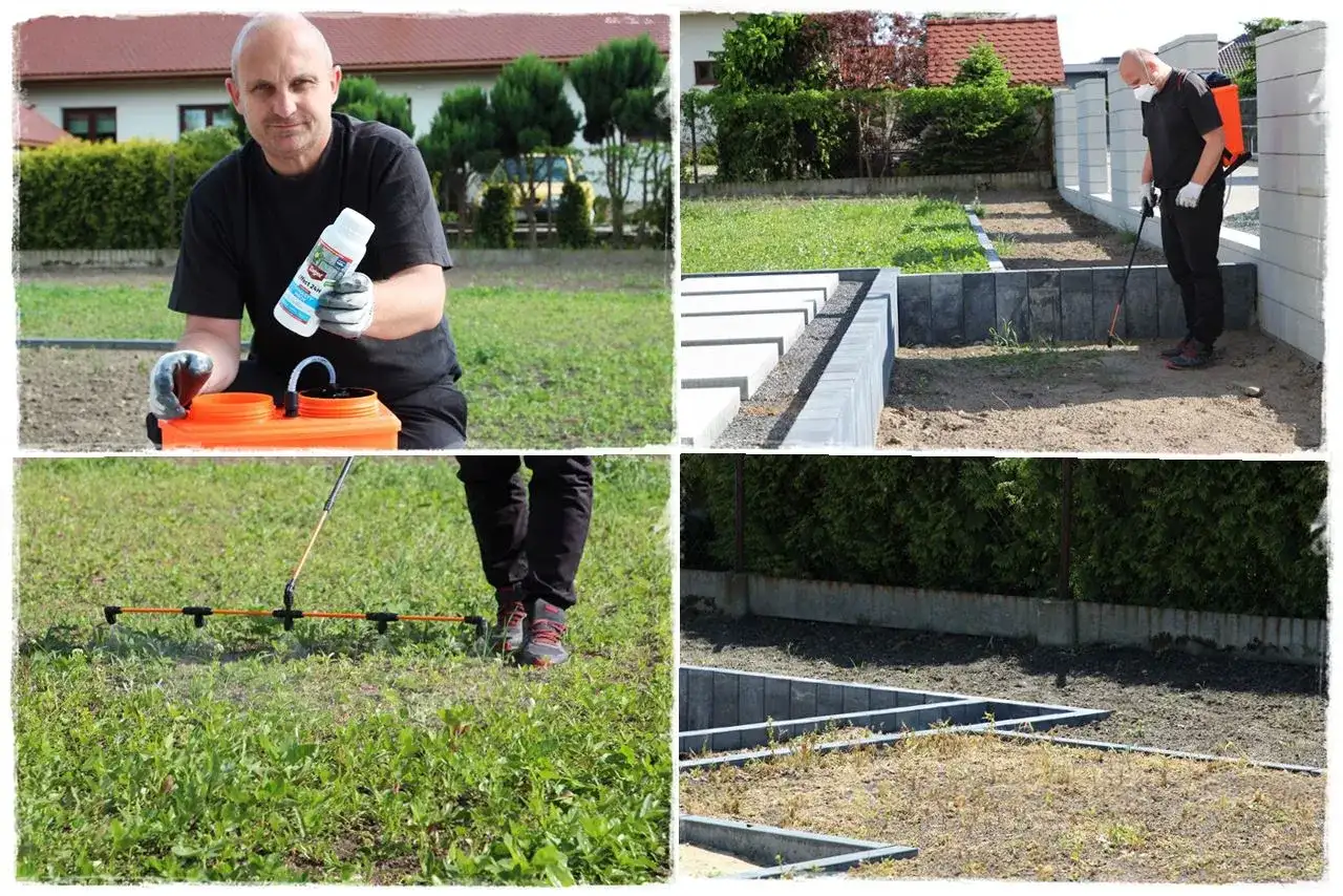 Mężczyzna przygotowuje opryskiwacz z preparatem do trawnika. Następnie opryskuje nim ziemię, przygotowując ją do siewu.