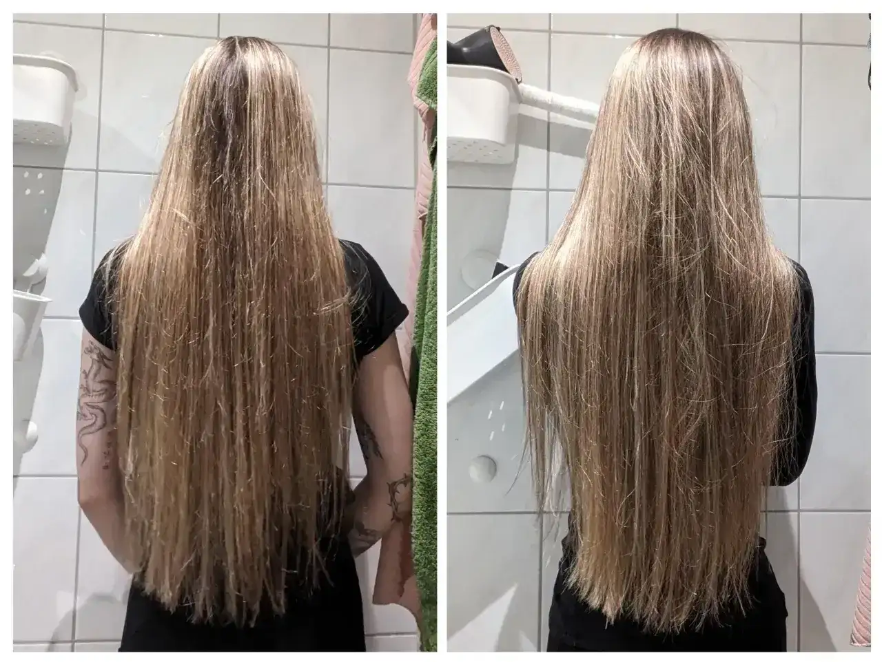 Długie, blond włosy przed i po zabiegu olejowania. Włosy po olejowaniu są gładsze i bardziej lśniące.