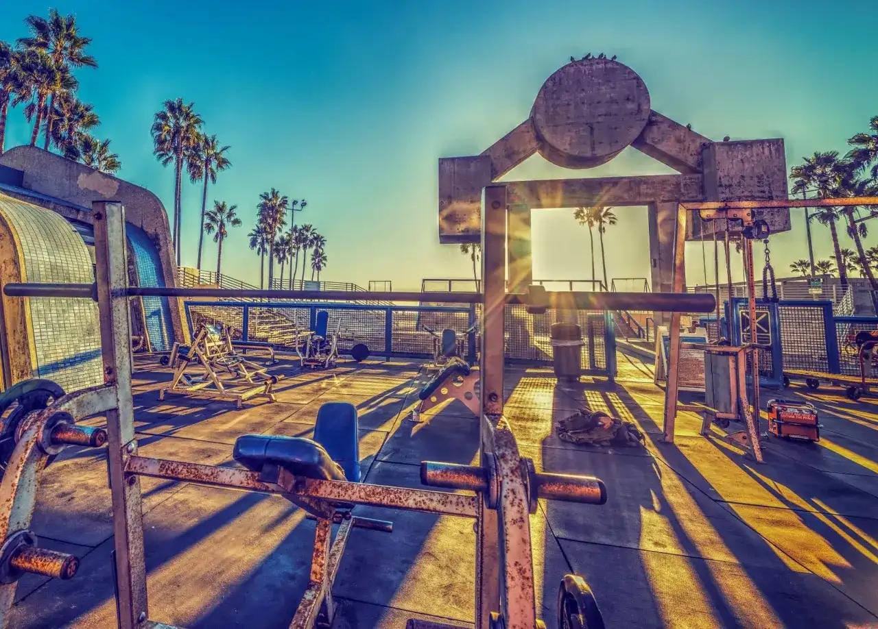 Słoneczny poranek na Venice Beach. Siłownia pod gołym niebem z palmami w tle. Długie cienie sprzętu do ćwiczeń na betonie.