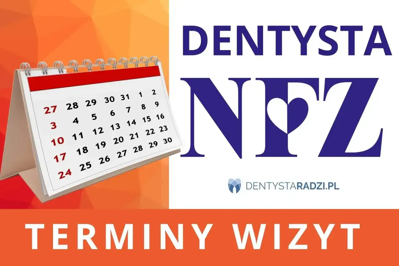 Kalendarz i logo "DENTYSTA NFZ" sugerują terminy wizyt u dentysty na NFZ w Warszawie.