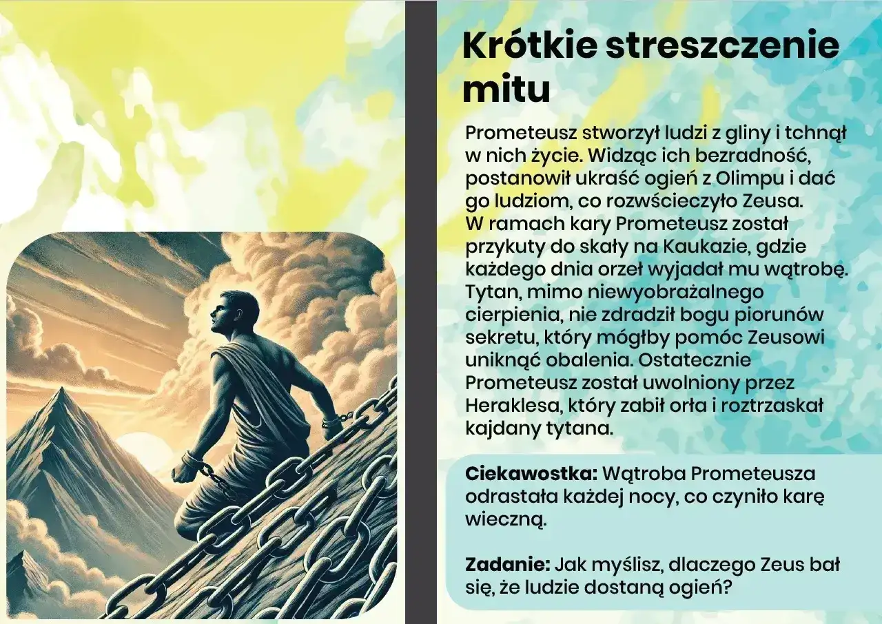 Uwięziony Prometeusz, przykuty do skały, spogląda w niebo. Jego cierpienie jest wieczne, ale jego duch niezłomny.