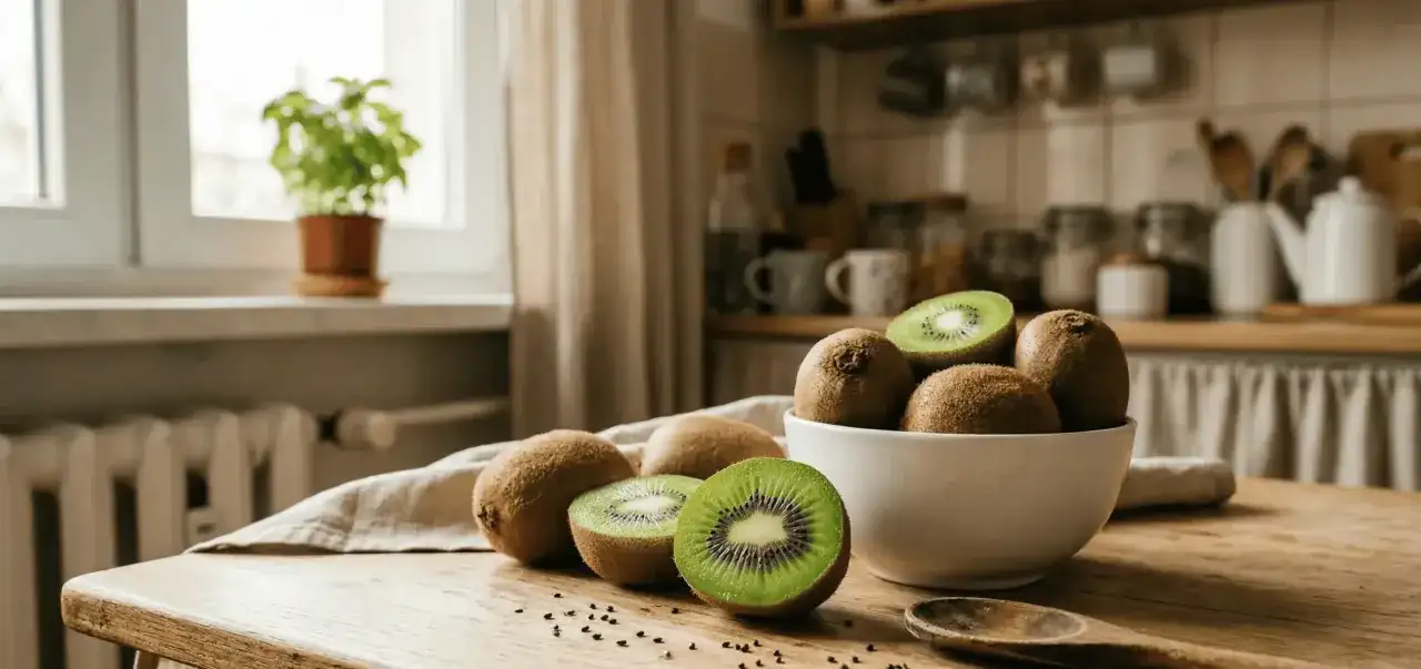Na drewnianym stole leży miska pełna owoców kiwi. Kilka kiwi jest przekrojonych, ukazując ich zielony miąższ i czarne pestki.