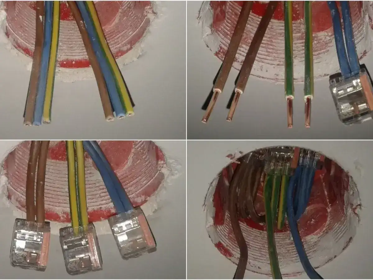 Instalacja elektryczna: jaki kabel do gniazdek? Widać przewody fazowe, neutralne i ochronne połączone złączkami w puszkach.