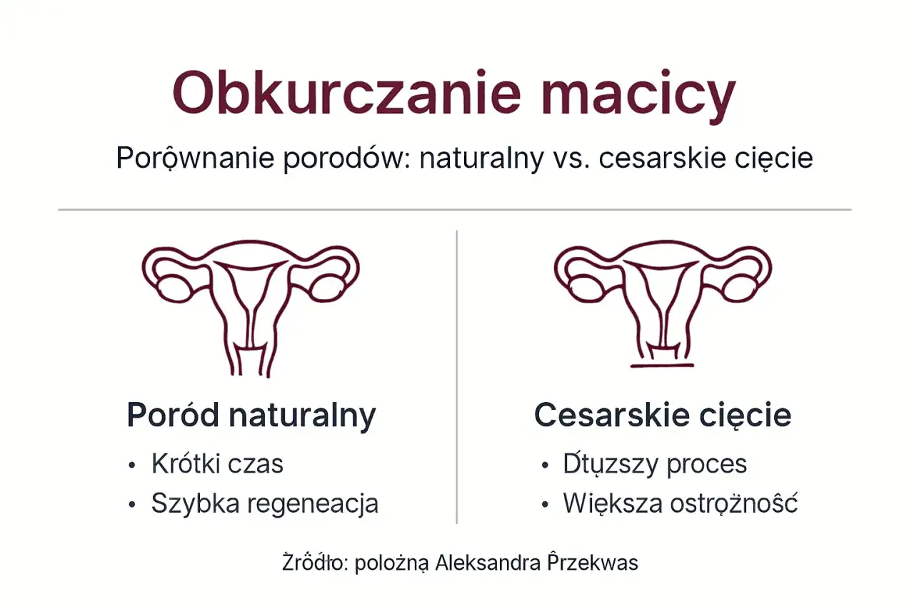 Porównanie obkurczania macicy po porodzie naturalnym i cesarskim cięciu. Ilustracje narządów rodnych.