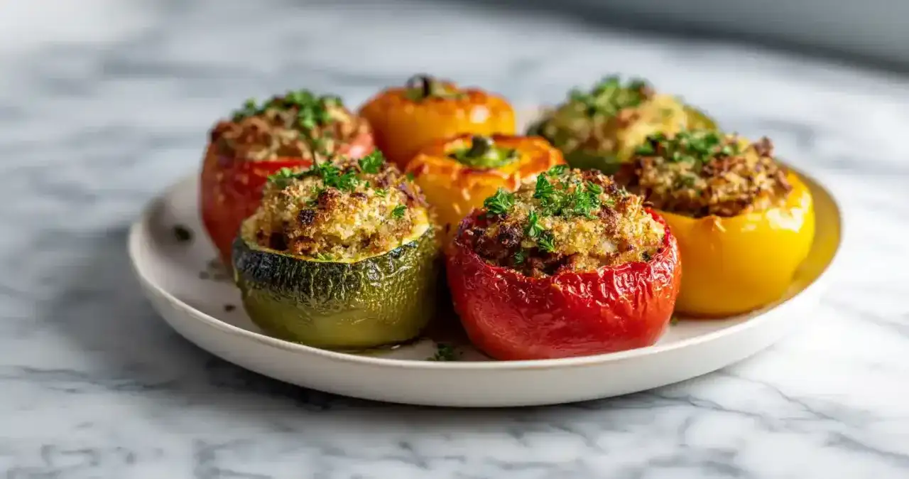 Assiette de petits farcis colorés, garniture dorée et persil frais. Un délice visuel et gustatif.