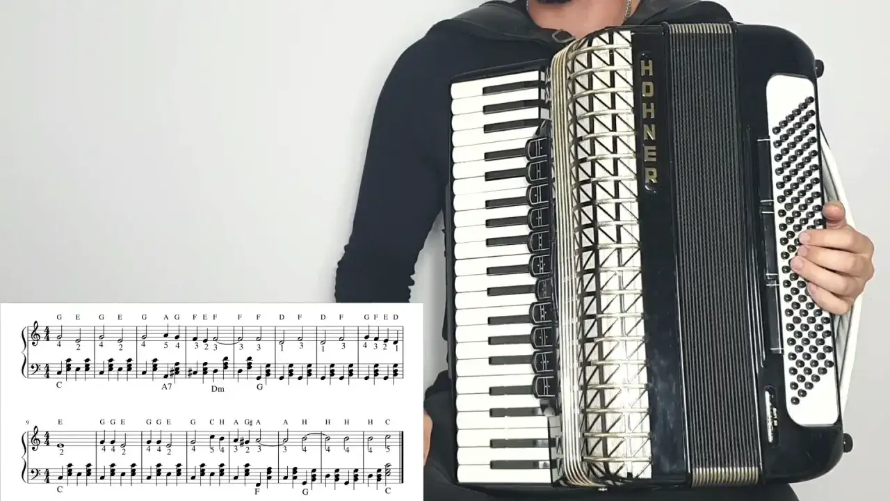 Osoba gra na akordeonie HOHNER, a przed nią leży nuta z zapisem melodii. To z pewnością materiał na przeboje na akordeon!