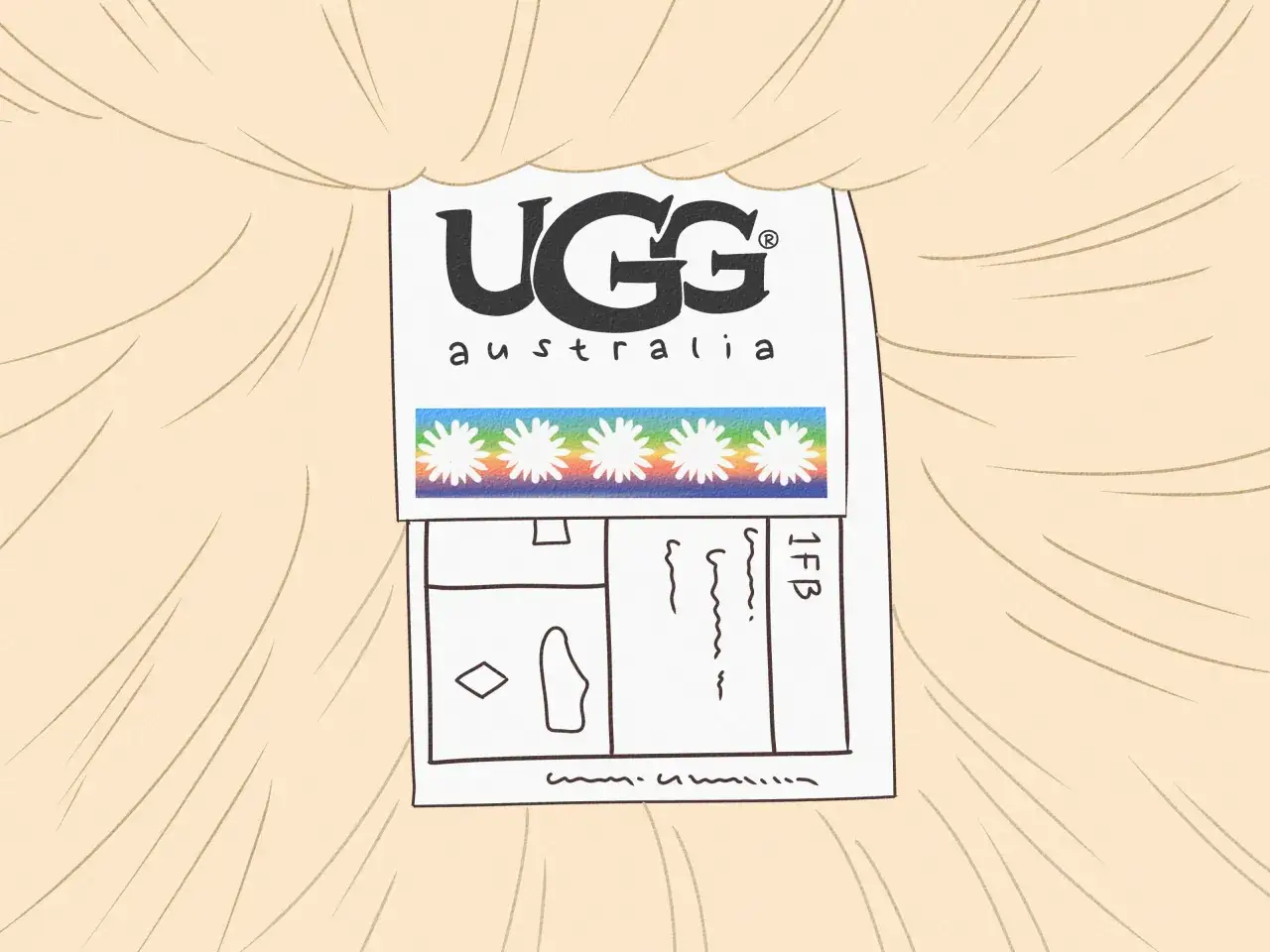 Etykieta z logo UGG Australia i tęczowym paskiem z kwiatkami. Firma UGG słynie z ciepłych, wygodnych butów.