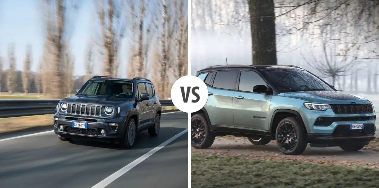 Dwa jeep suv: ciemny Renegade na drodze i jasny Compass na tle drzew.