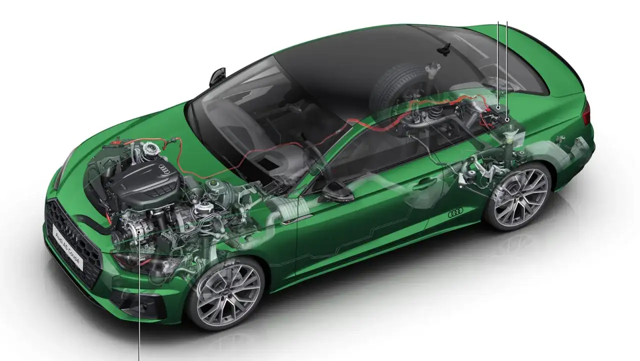 Przekrój zielonego Audi A5 Coupé ukazujący silnik i elementy układu napędowego, w tym technologię mild hybrid.