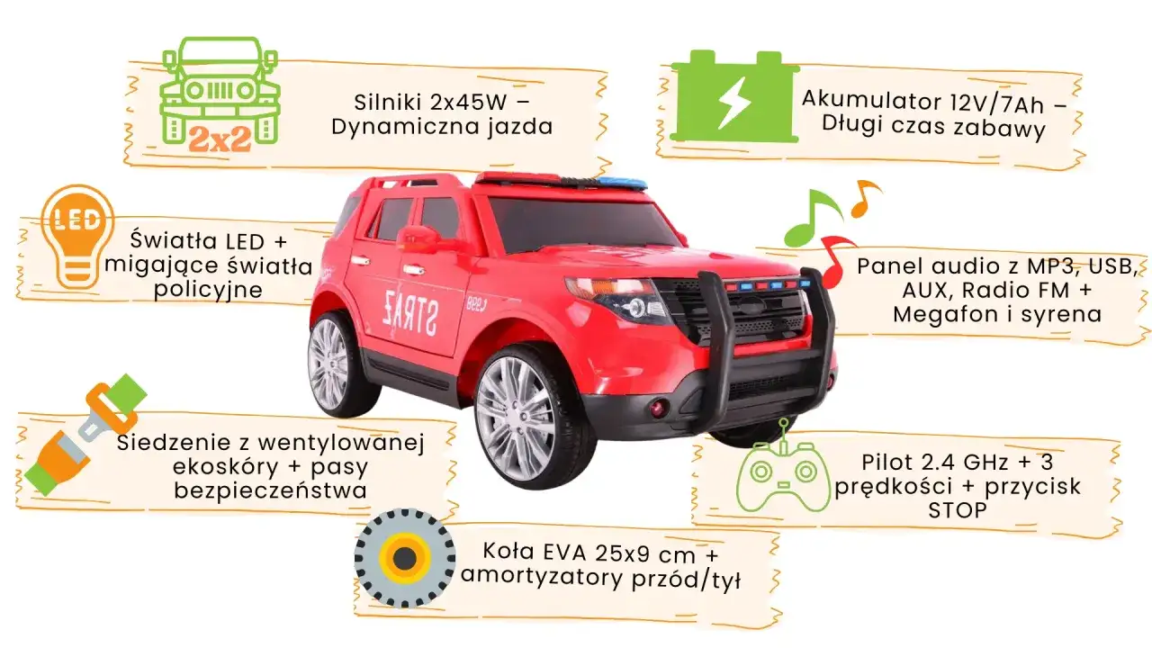 Czerwony radiowóz z migającymi światłami policyjnymi, panelem audio, MP3, USB, AUX, radiem FM, **megafonem** i syreną.
