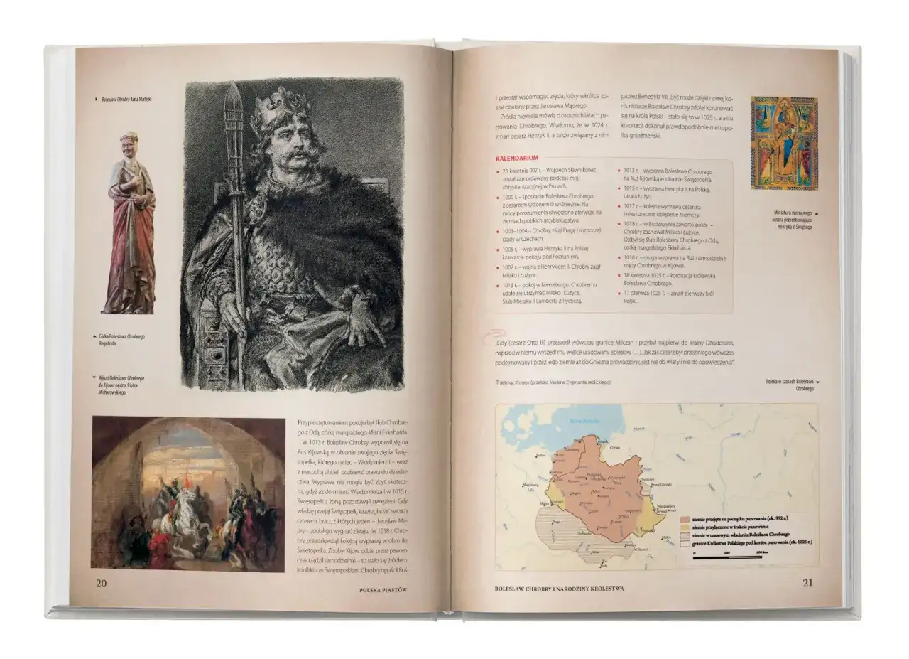 Bolesław Chrobry, pierwszy król Polski, na ilustracji i mapie jego panowania. Kluczowe wydarzenia z historii Polski.