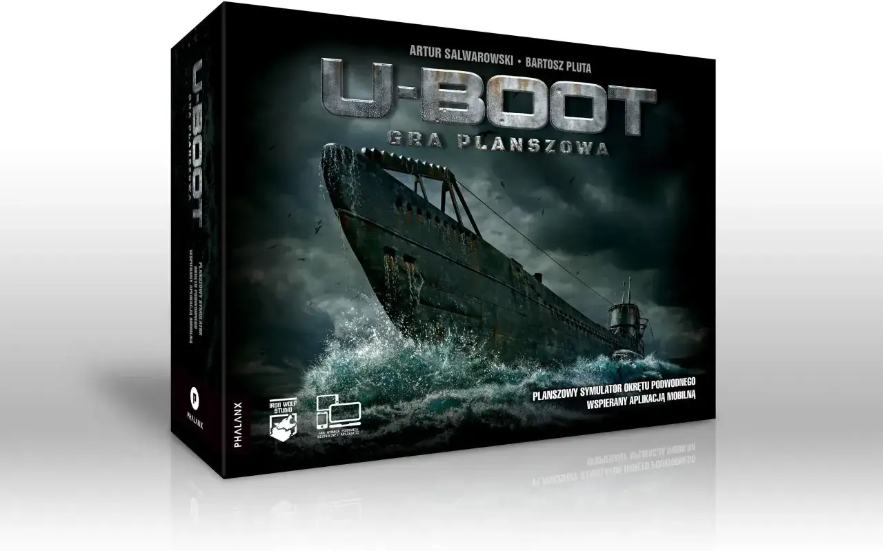 U-Boot gra planszowa. Mroczny okręt podwodny wynurza się z wzburzonych fal pod burzowym niebem.