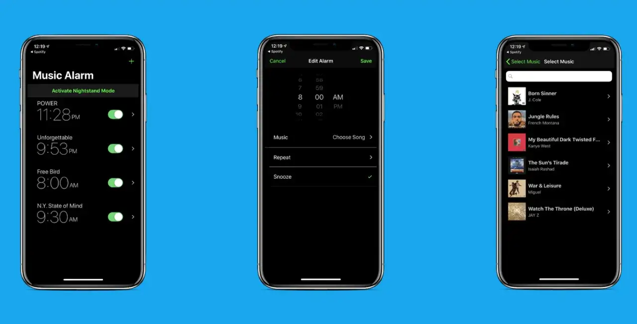 Interface d'un réveil Spotify sur Android, permettant de choisir des musiques pour se réveiller.