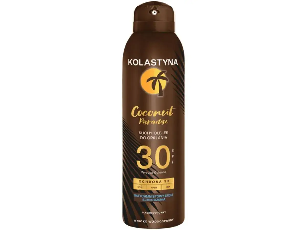 Kolastyna Coconut Paradise, suchy olejek do opalania SPF 30. Idealny do plażowania, często pojawia się w rankingach olejków do opalania.