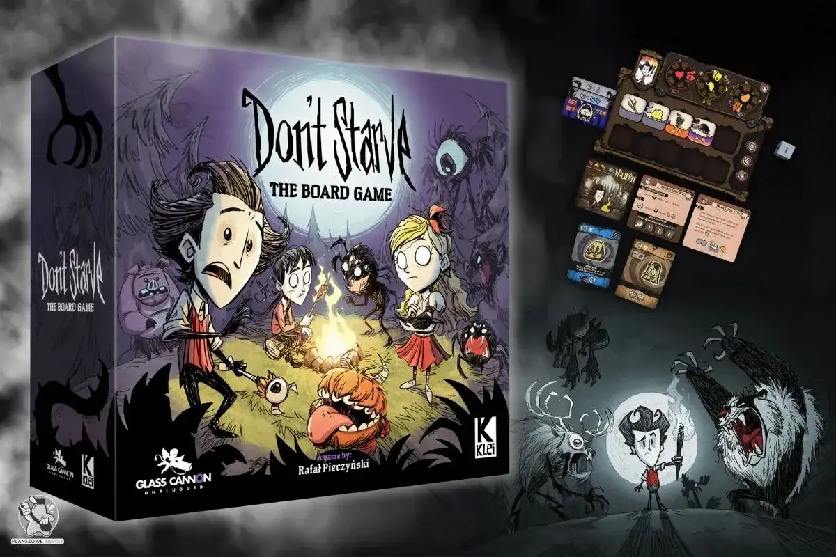Pudełko gry planszowej "Don't Starve: The Board Game" z postaciami i potworami. Obok plansza gracza i karty.