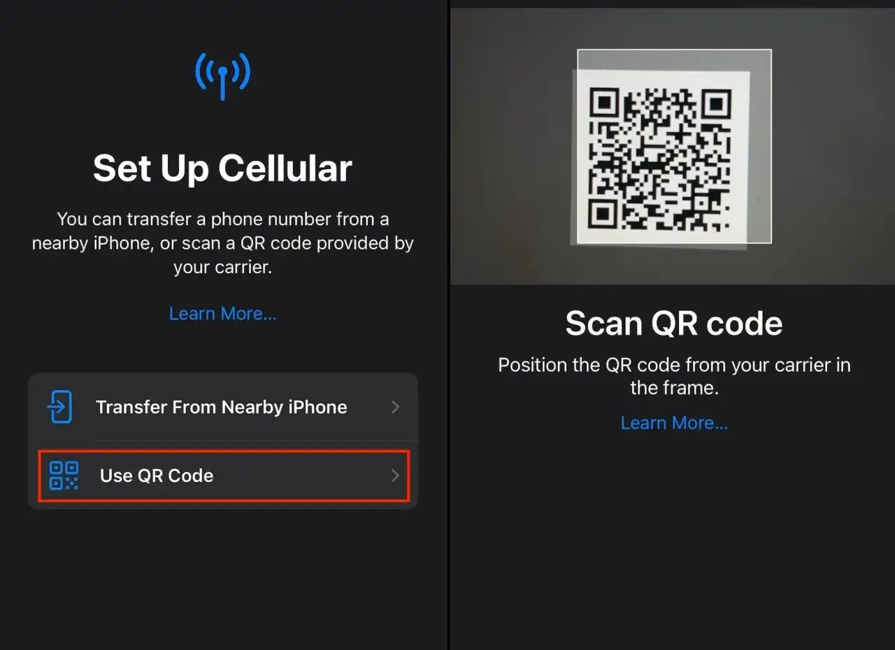 Configuration d'une carte eSIM : scannez le code QR de votre opérateur pour activer votre forfait mobile.