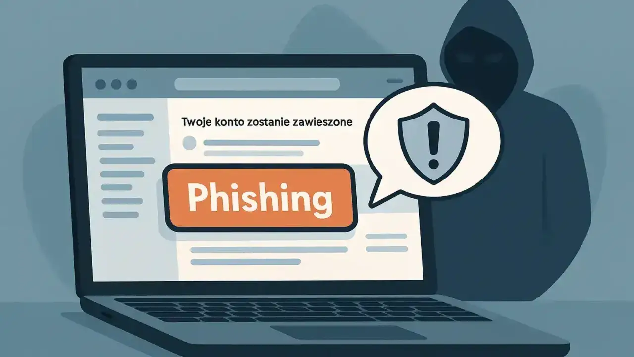 Uważaj na **niebezpieczeństwa w internecie**! Na ekranie laptopa komunikat "Twoje konto zostanie zawieszone" i przycisk "Phishing". W tle sylwetka hakera.