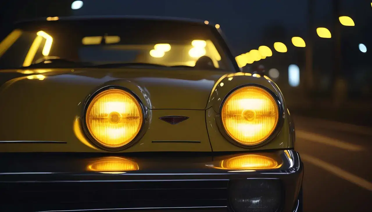 Jasnożółte światła w samochodzie odbijają się na mokrej drodze, tworząc magiczną atmosferę nocnej podróży.