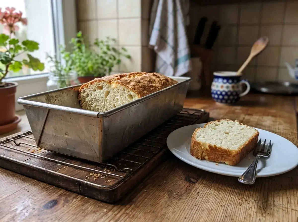 Domowy chleb z drożdży w keksówce, obok kromka na talerzyku. Idealny pomysł, co zrobić z drożdży.