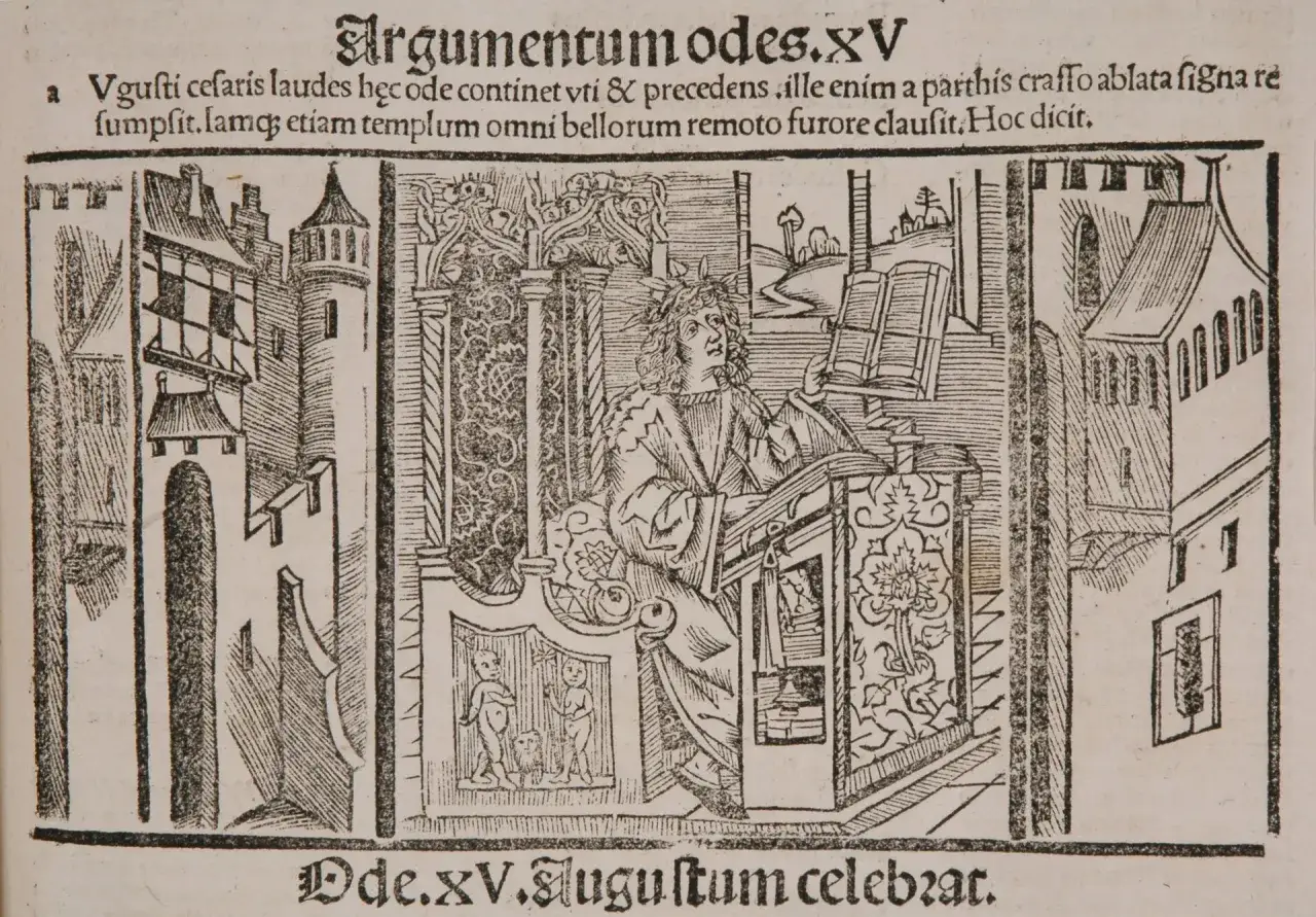 Ilustracja z tekstem "Argumentumodes.XV" przedstawia postać w wieńcu laurowym przy pulpicie, symbolizującą trwałość dzieła, co oznacza "exegi monumentum" – wzniósł pomnik.