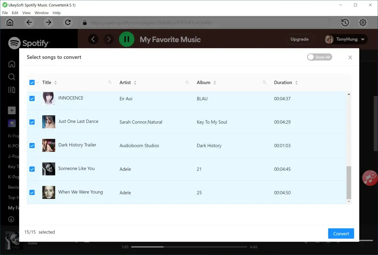 Lista utworów Spotify z zaznaczonymi do konwersji piosenkami, widok aplikacji UkeySoft Spotify Music Converter.