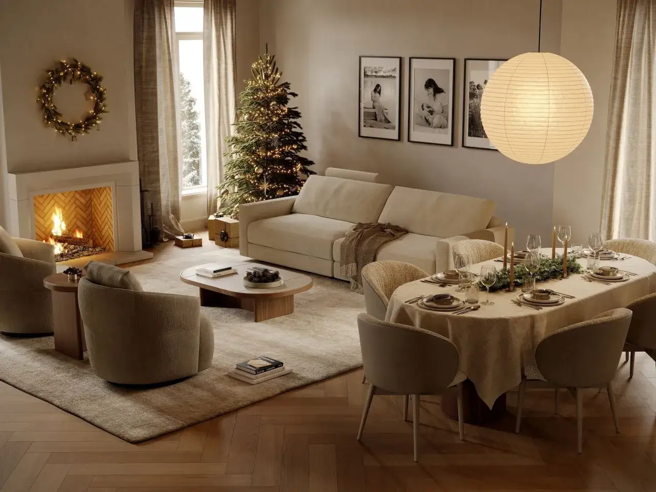 La casa de la navidad, con árbol iluminado, chimenea encendida y mesa puesta para una cena festiva.