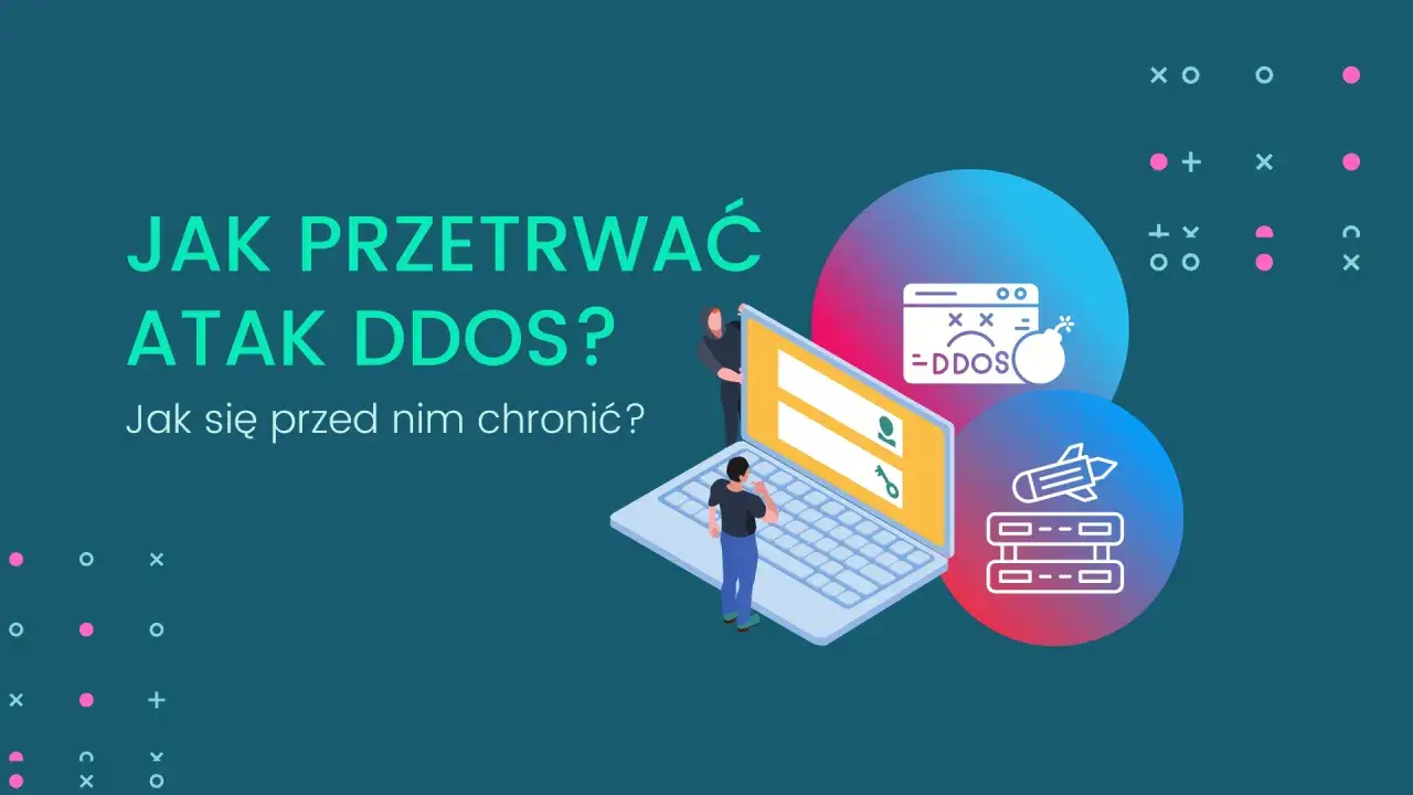 Grafika ilustruje jak przetrwać atak DDoS na IP. Widzimy laptopa, ikonę bomby z napisem DDoS oraz rakietę atakującą serwery.