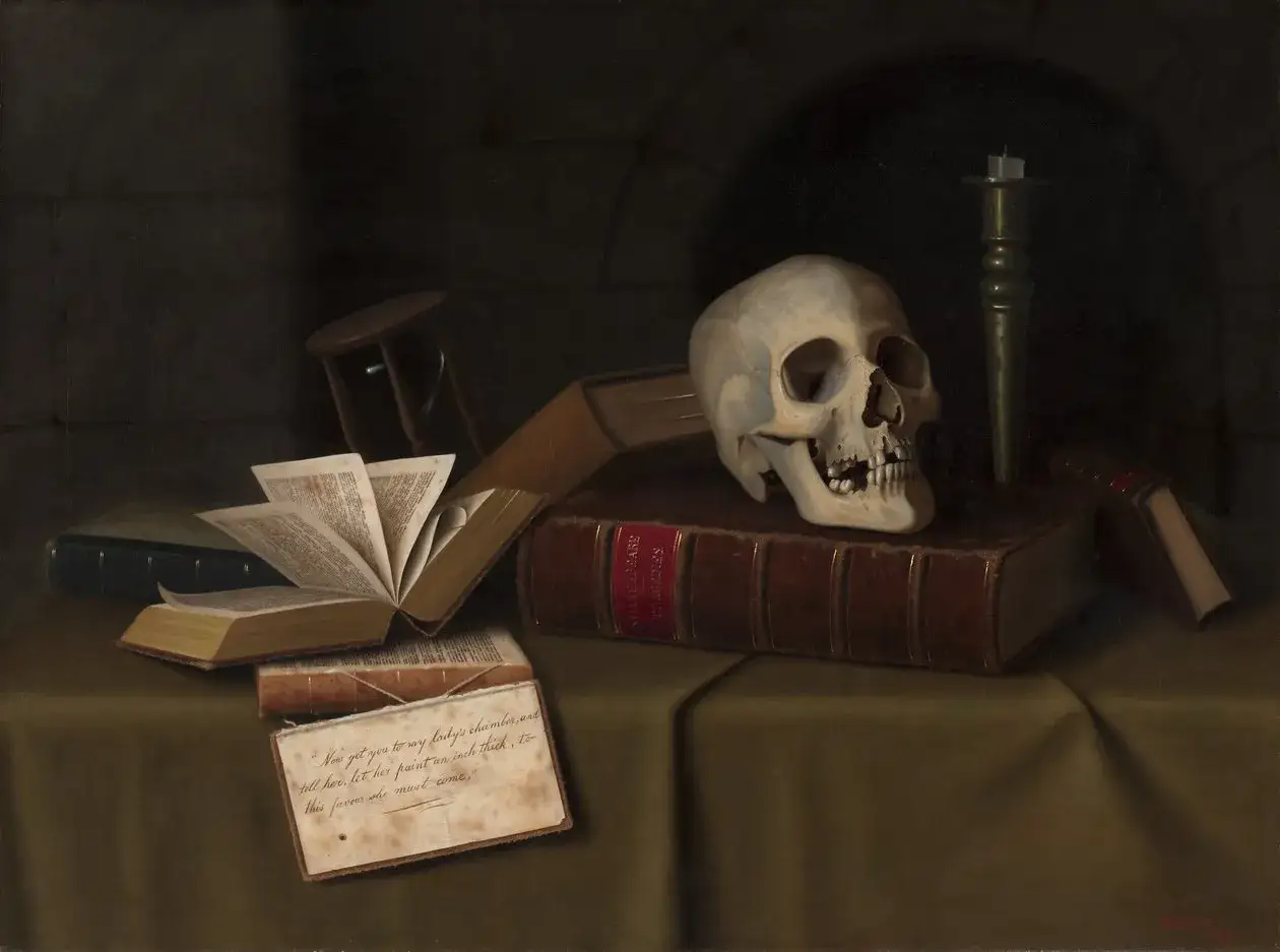 Czaszka na książkach, świeca i listek z cytatem z Szekspira. Memento mori utwory przypominają o przemijaniu.