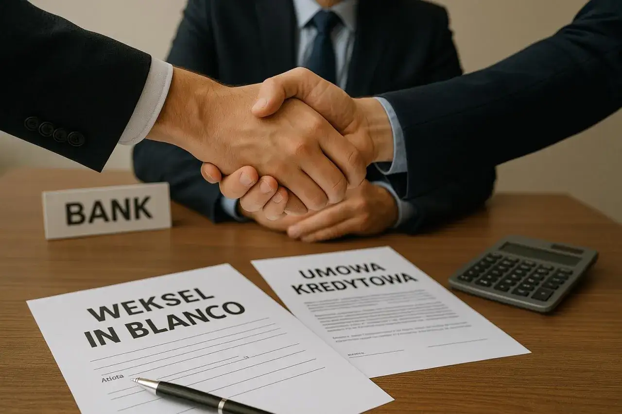 Uścisk dłoni po podpisaniu umowy kredytowej i weksla in blanco.