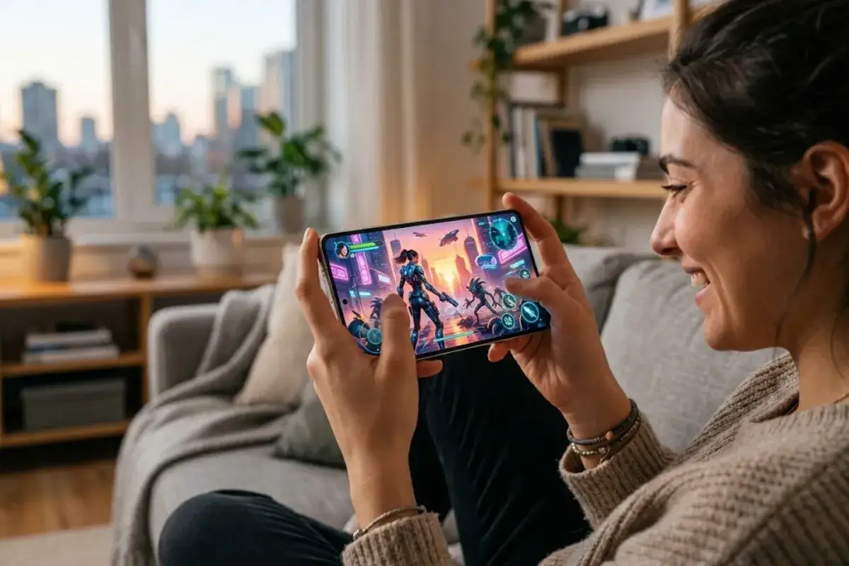 Une femme rit en jouant sur son téléphone, découvrant peut-être les meilleurs jeux Android avec des graphismes futuristes.