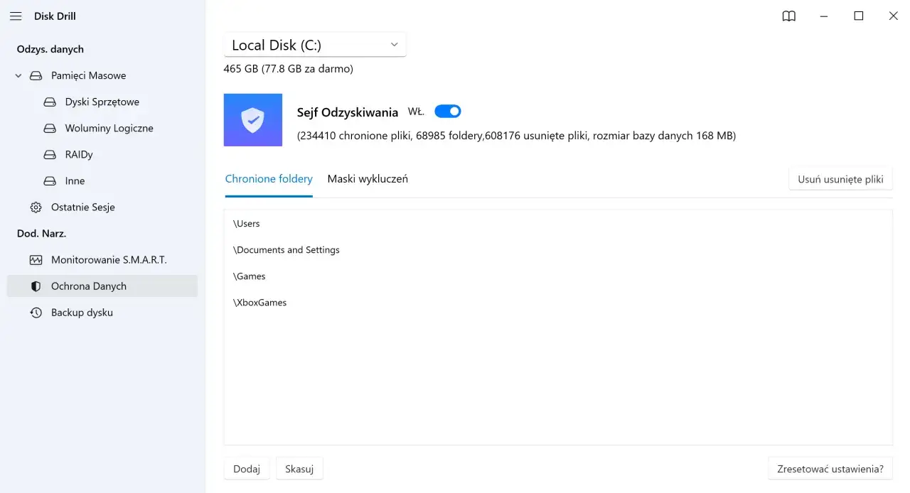 Sejf Odzyskiwania w Disk Drill chroni dane, w tym ostatnio usunięte pliki, foldery i bazy danych.