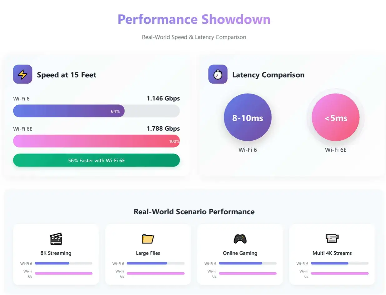 Comparaison des performances Wi-Fi 6 et Wi-Fi 6E : le Wi-Fi 6E offre un débit max supérieur et une latence plus faible.