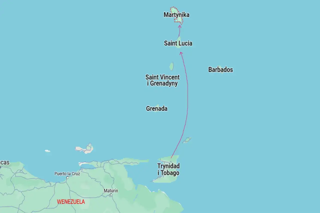 Mapa Karaibów z zaznaczoną trasą żeglugową. Widoczna Martynika, Saint Lucia, Grenada, Trynidad i Tobago oraz wybrzeże Wenezueli.