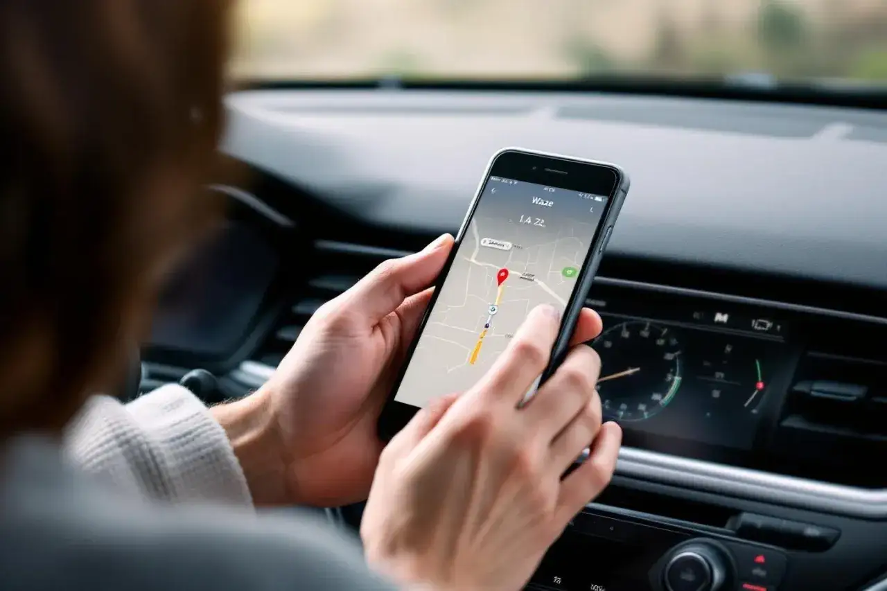 Une personne utilise son smartphone pour naviguer avec Waze. L'application affiche une carte avec un itinéraire. C'est une aide pour savoir comment installer Waze sur mon portable.