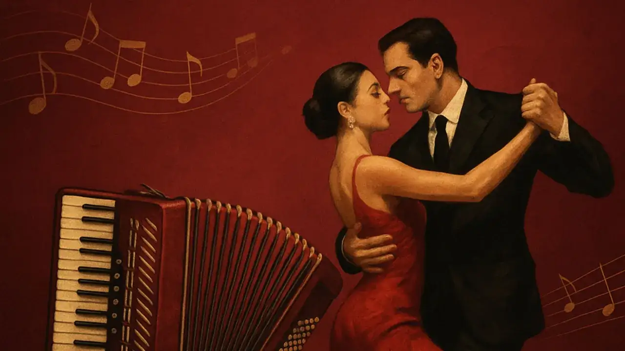 Para tanga, para tango, bandoneon gra. Para tańczy, namiętność w powietrzu.