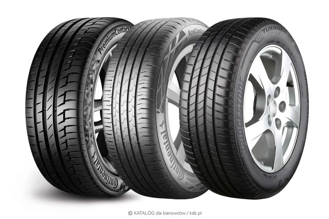 Trzy opony samochodowe, w tym opony samouszczelniające Continental i Bridgestone, prezentowane na białym tle.