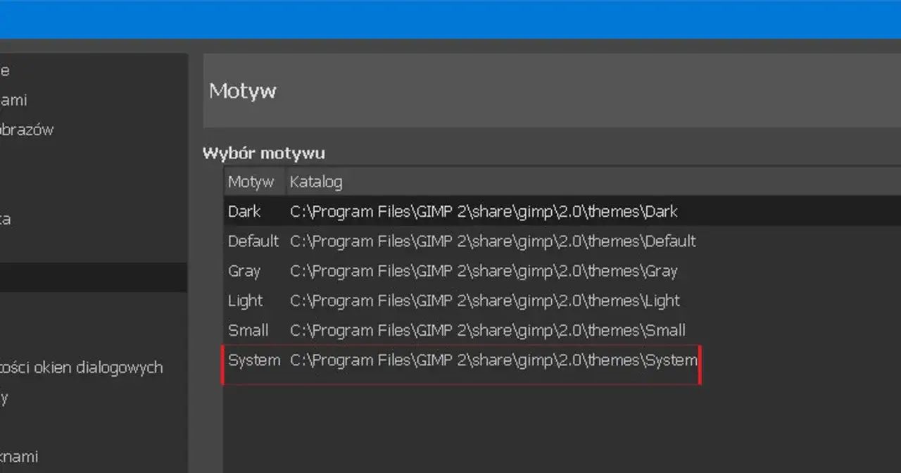 GIMP podstawy: wybór motywu interfejsu. Widoczna lista dostępnych motywów, w tym "System", zlokalizowanych w katalogu GIMP.
