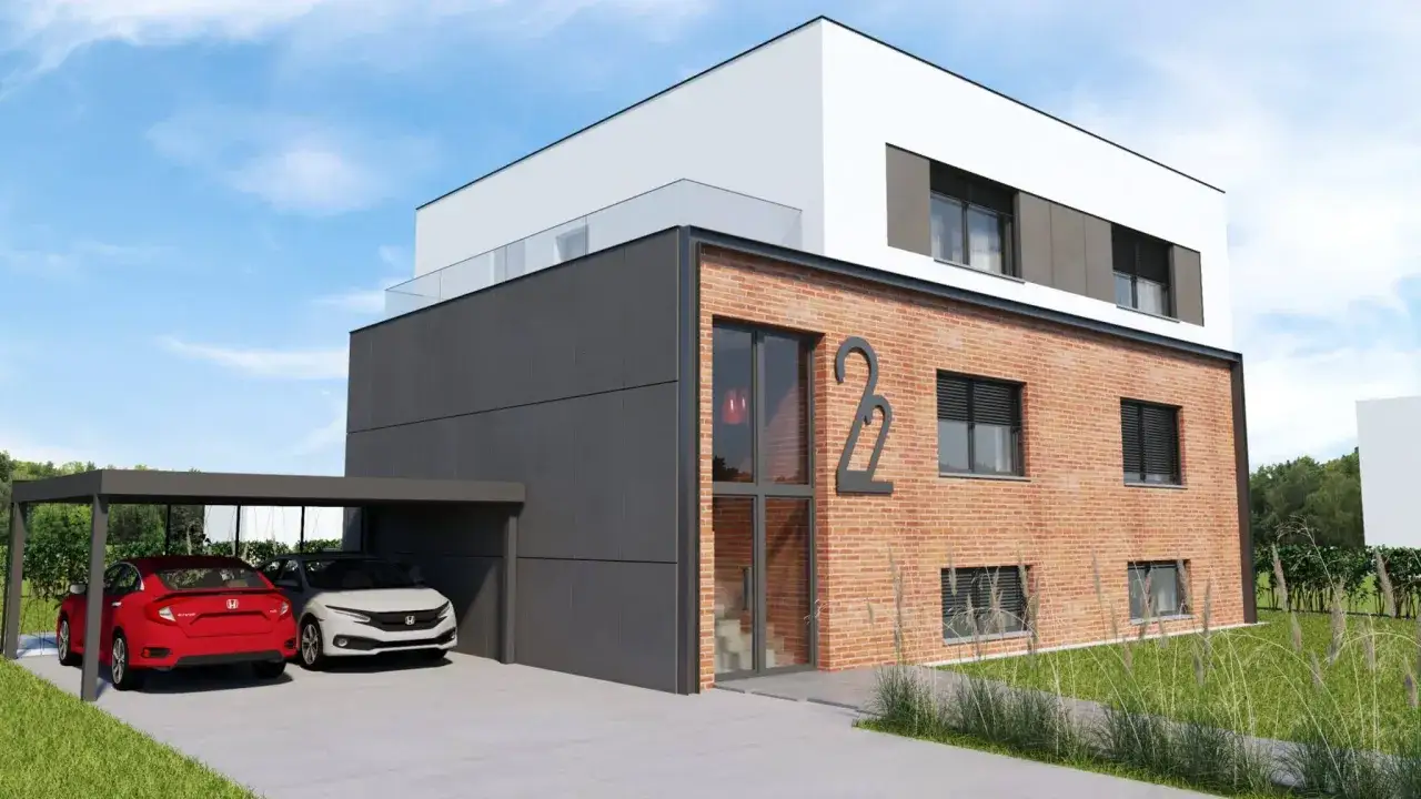 Nowoczesny dom kostka projekty: bryła z cegły i grafitu, zadaszenie na dwa auta, szklany balkon.