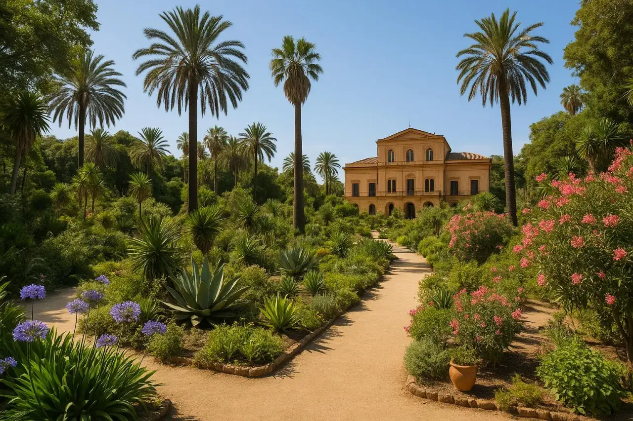 Aleja w **ogrodzie botanicznym Palermo** prowadzi do zabytkowego budynku, otoczonego bujną zielenią, palmami i kwitnącymi krzewami.