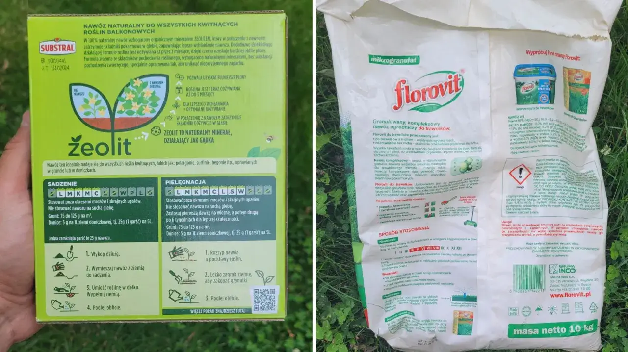 Opakowanie nawozu Florovit z zeolitem, który działa jak gąbka, zatrzymując składniki odżywcze w glebie. Idealny do roślin kwitnących i trawników.