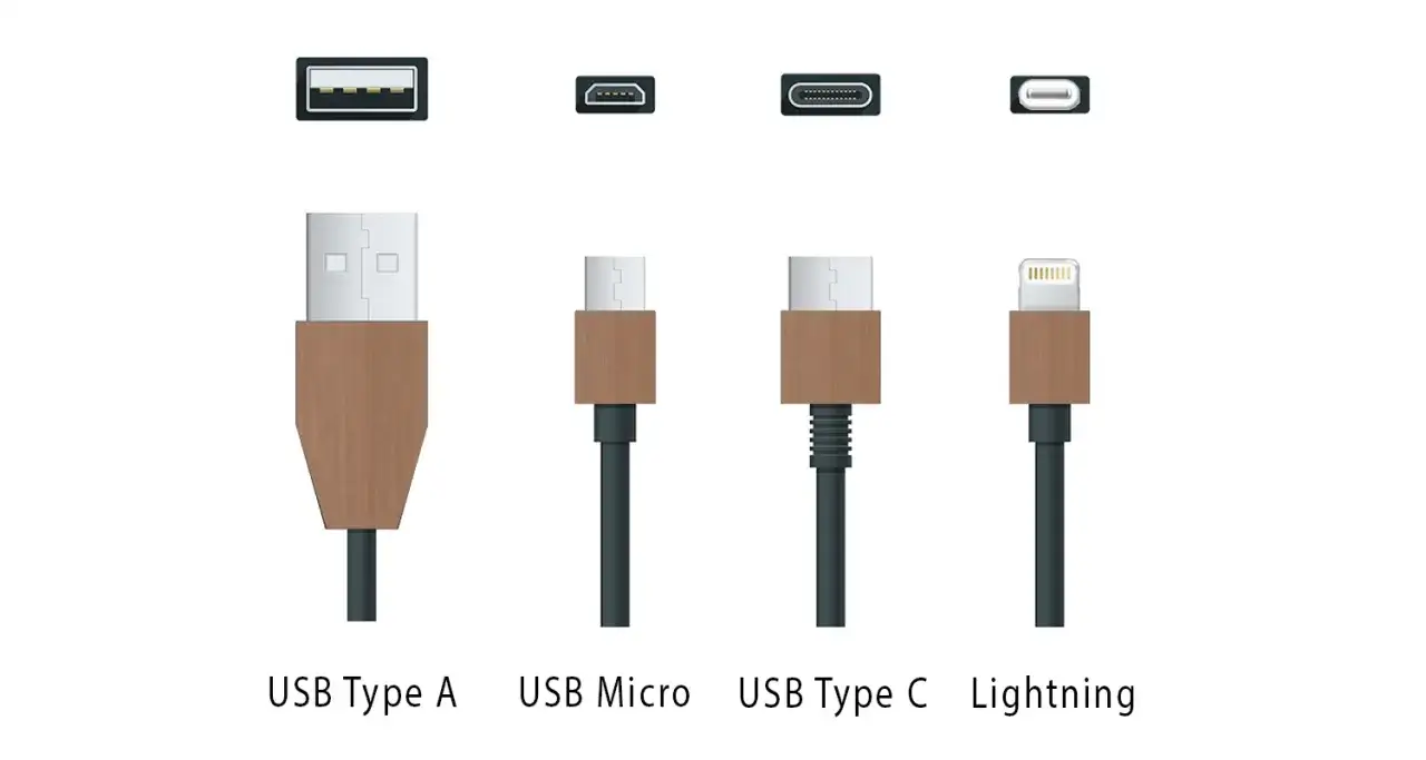 Différents types de câble téléphone portable : USB A, USB Micro, USB Type C et Lightning.