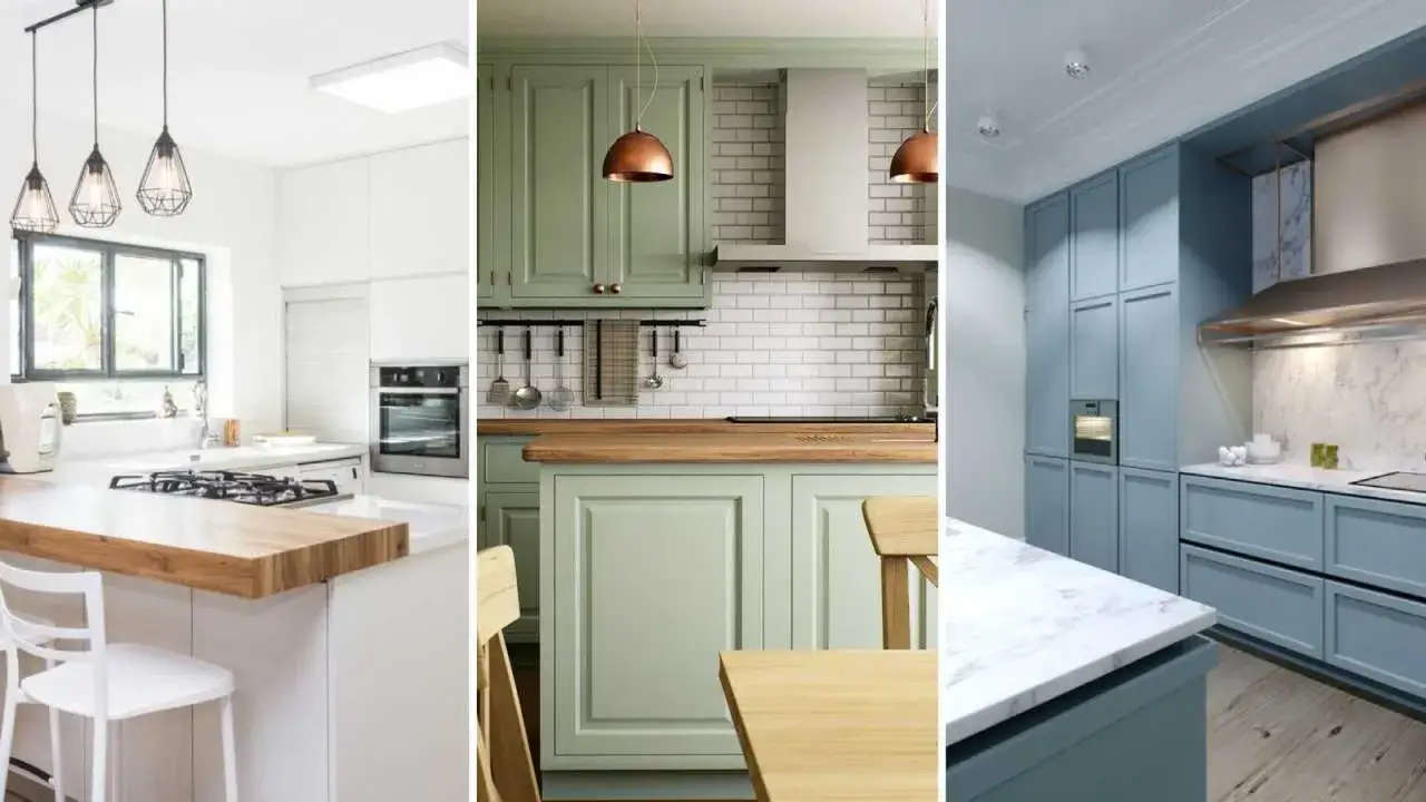 Tres cocinas con diferentes colores para pintar muebles de cocina: blanco moderno, verde menta y azul pastel.