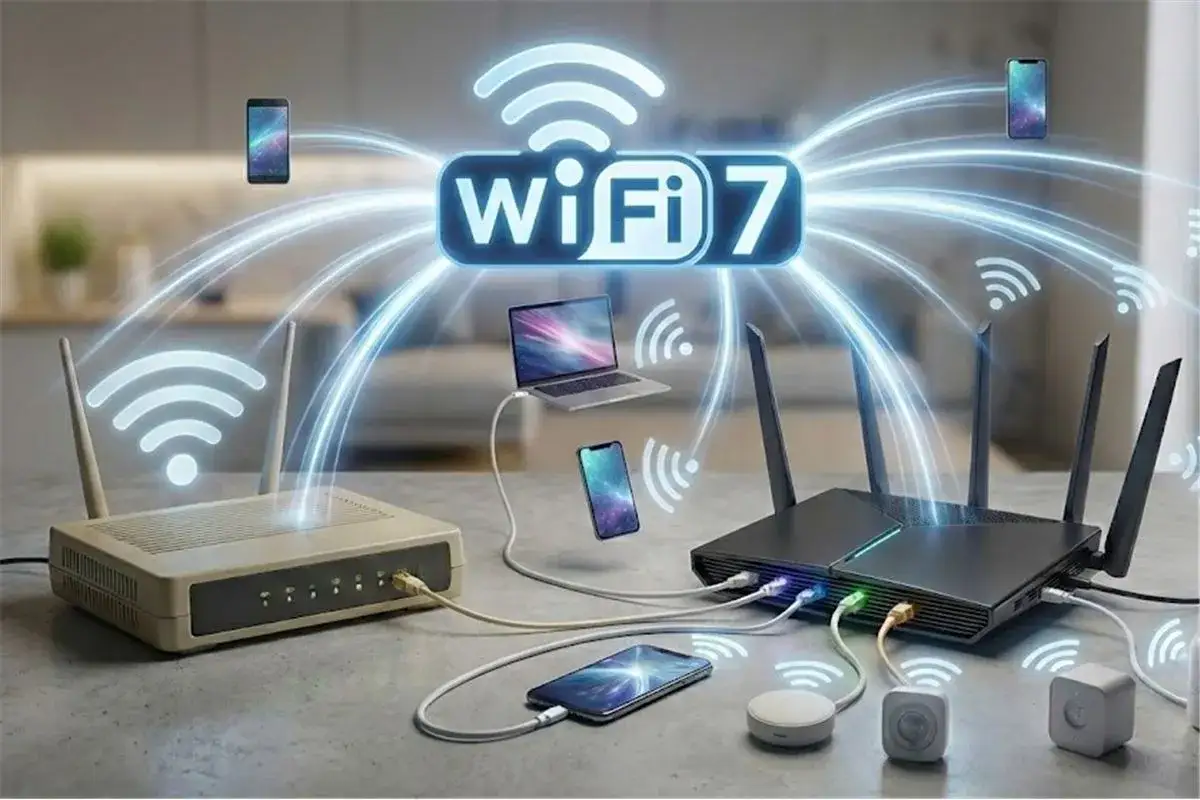 Des routeurs modernes diffusent le **wifi 7** vers des smartphones et un ordinateur portable, symbolisant une connectivité avancée et rapide.