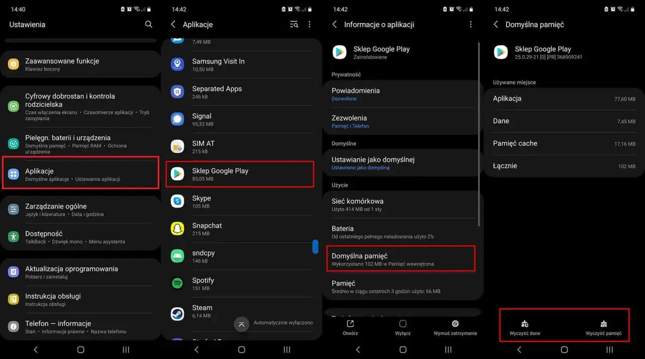 Szukasz informacji o **sklep play aktualizacja**? Na zrzutach ekranu widać ścieżkę do ustawień aplikacji Sklep Google Play, gdzie można sprawdzić zajmowane miejsce i wyczyścić dane.