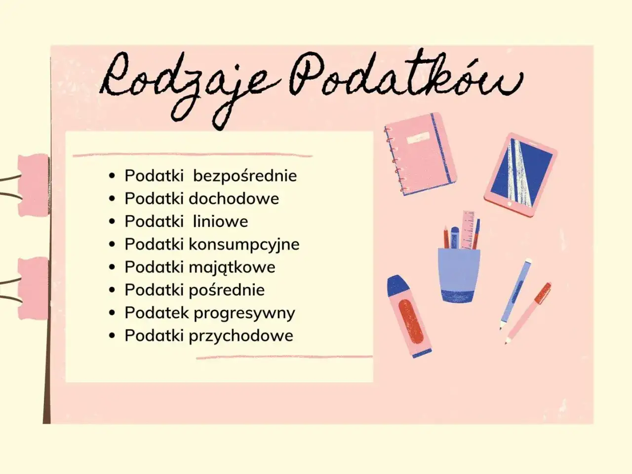 Rodzaje podatków: bezpośrednie, dochodowe, liniowe, konsumpcyjne, majątkowe, pośrednie, progresywny, przychodowe. To wszystko to formy, w jakich występuje co to jest podatek.