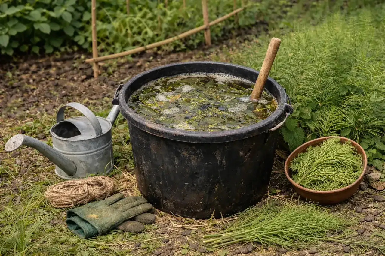 Wielkie wiadro z bulgoczącą gnojówką ze skrzypu, obok konewka, rękawice i miska z gałązkami skrzypu.